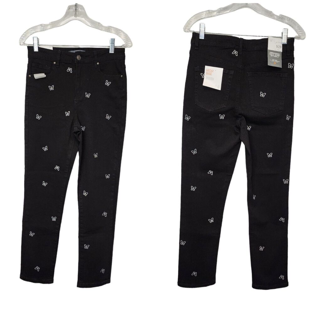 Cali 1850 Black & White Butterfly Embroidery Ankle Jeans Size 9/29
